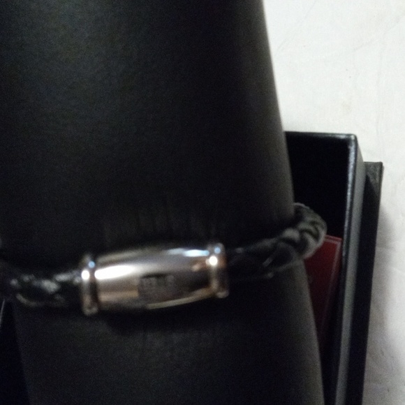 Men stainless steel SM pu leather black silver bracelet 8.1" - Picture 3 of 5